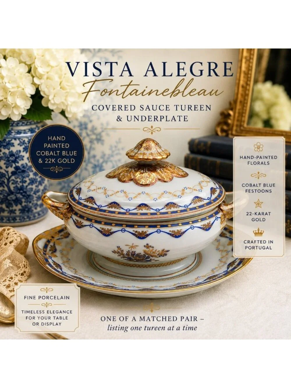 Vista Alegre Fontainebleau Covered Sauce Tureen & Underplate 22K Gold Portugal